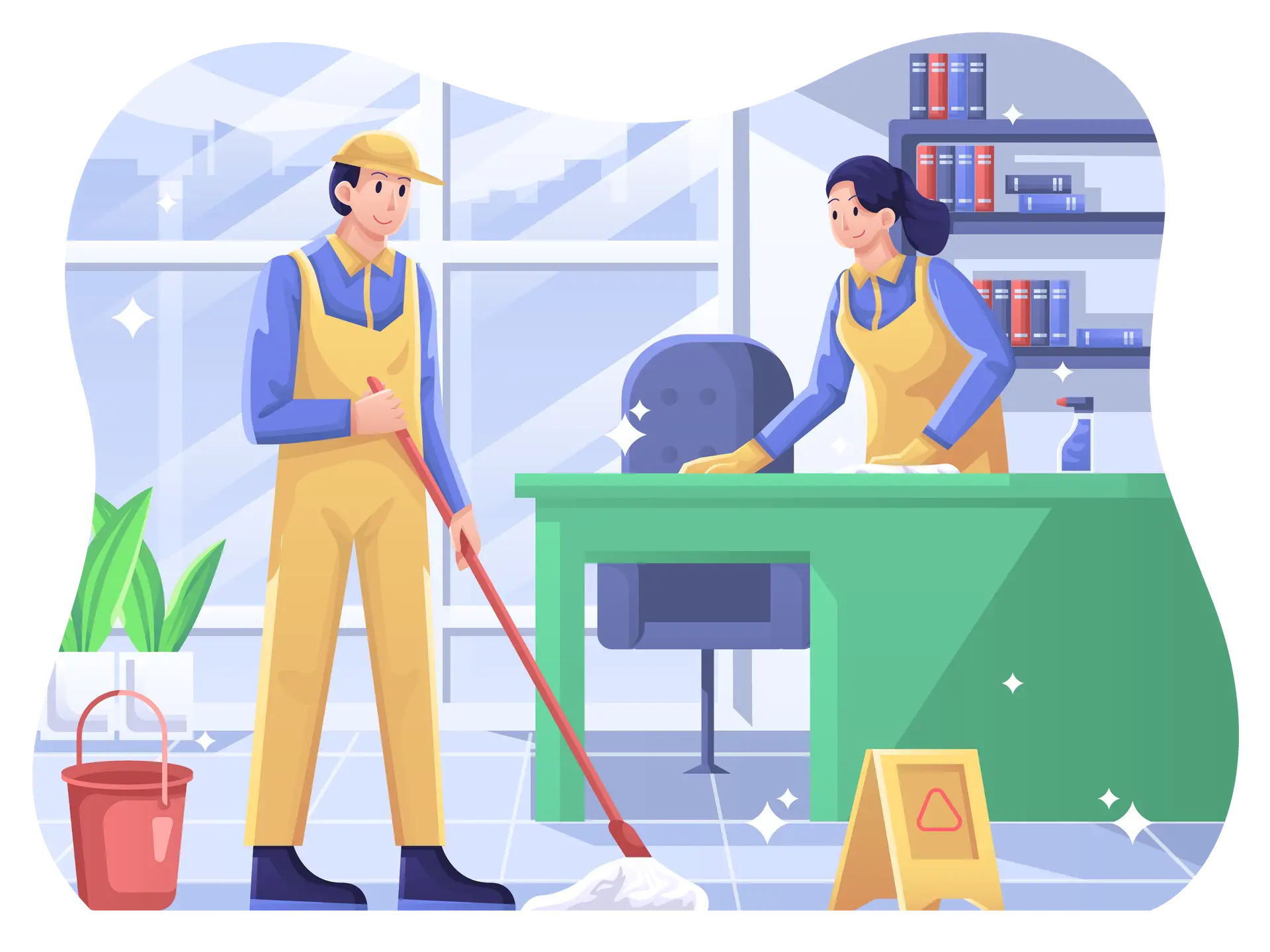 Cleaning Service illustration a male and female cleaning floor and desk