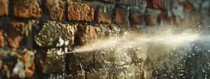 a high-pressure water jet blasting away dirt and grime from a weathered brick wall.