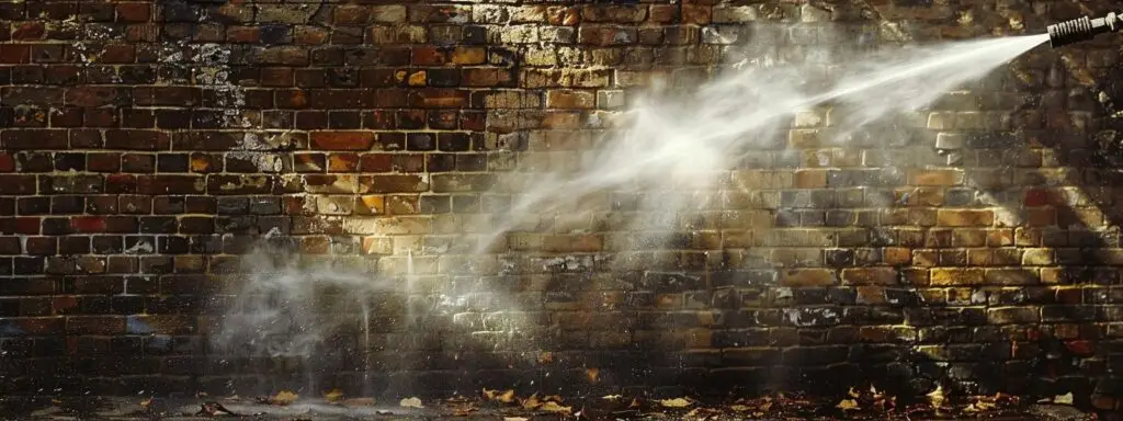 a powerful pressure washer blasting away dirt and grime from a weathered brick wall.