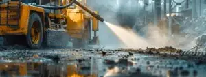 a powerful pressure washer blasting away dirt and grime from a safety yellow construction site.