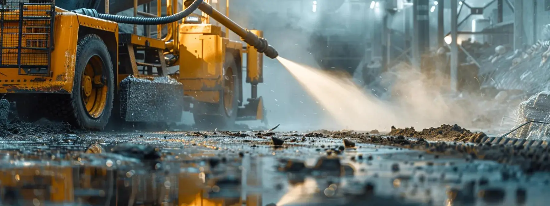 a powerful pressure washer blasting away dirt and grime from a safety yellow construction site.