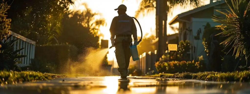 a pressure cleaning technician carefully using eco-friendly solutions and managing runoff to protect sidewalks, with a focus on water conservation and reduced noise pollution.