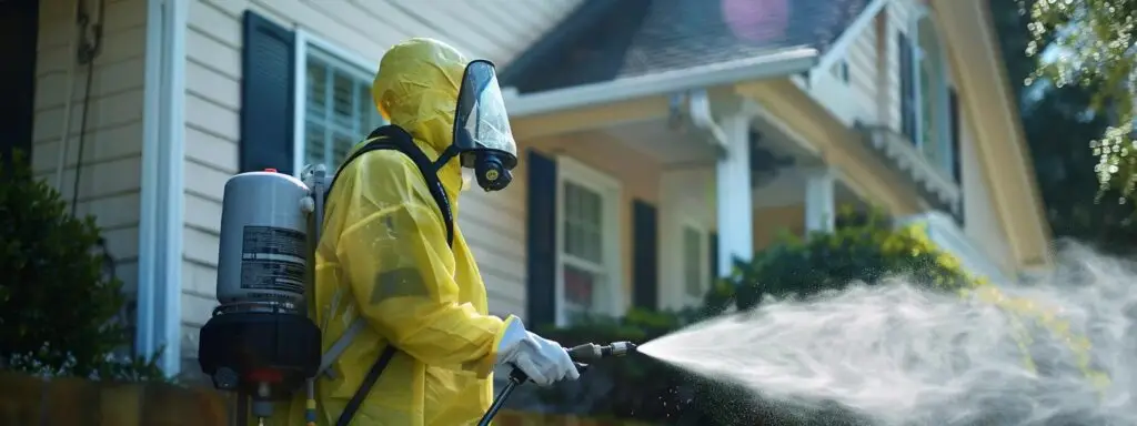 a professional cleaner in protective gear adjusts the pressure settings on a powerful pressure washer while maintaining a safe distance from a residential home being cleaned.