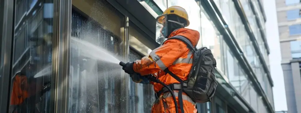 a professional pressure cleaning expert in a safety uniform, using specialized equipment to clean a commercial building facade.