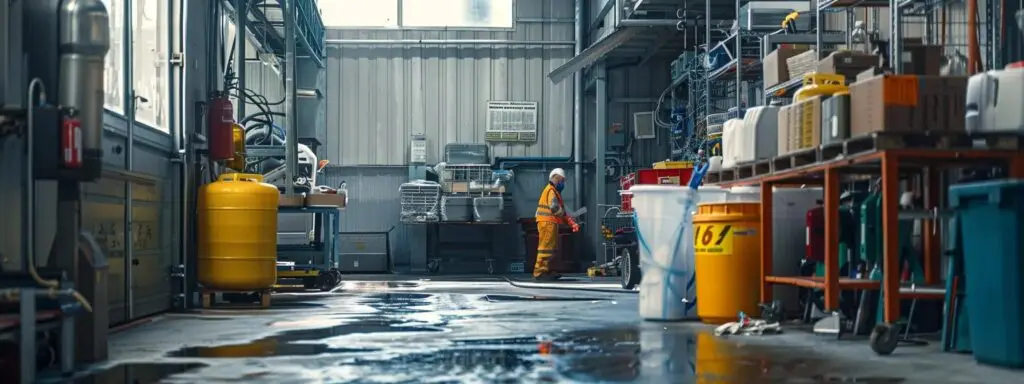 a worker carefully inspects a spotless, well-organized cleaning area, storing equipment securely and clearing debris, while a safety poster hangs prominently on the wall.