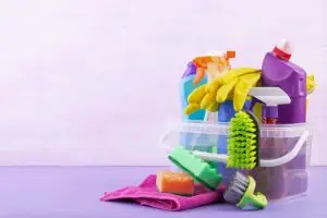 Cleaning service concept. Colorful cleaning set for different surfaces