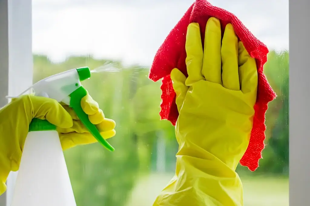 hand of a girl cleaning window as part of end of lease cleaning in perth