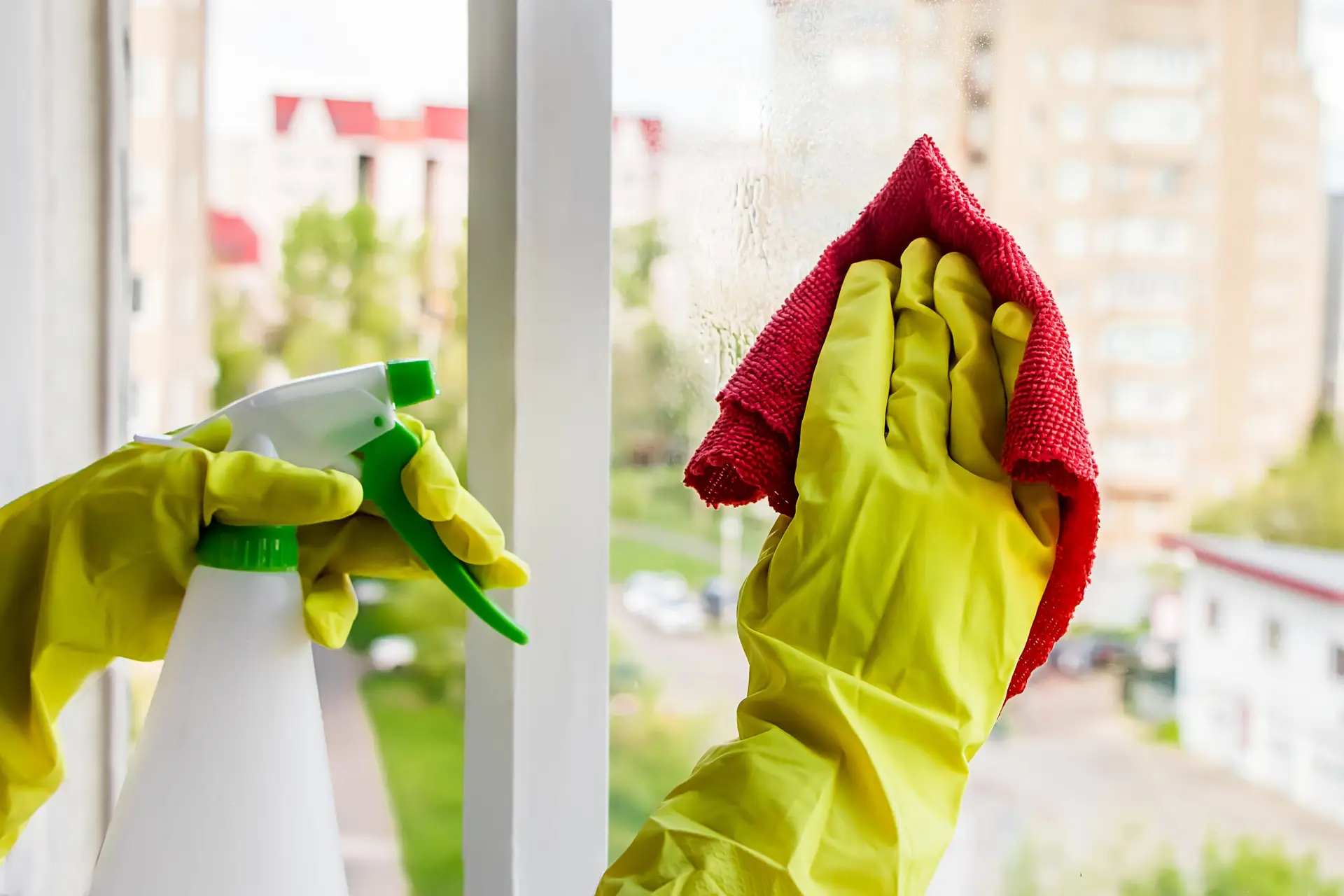 hands and spray washing window as part of house cleaning checklist in Sydney