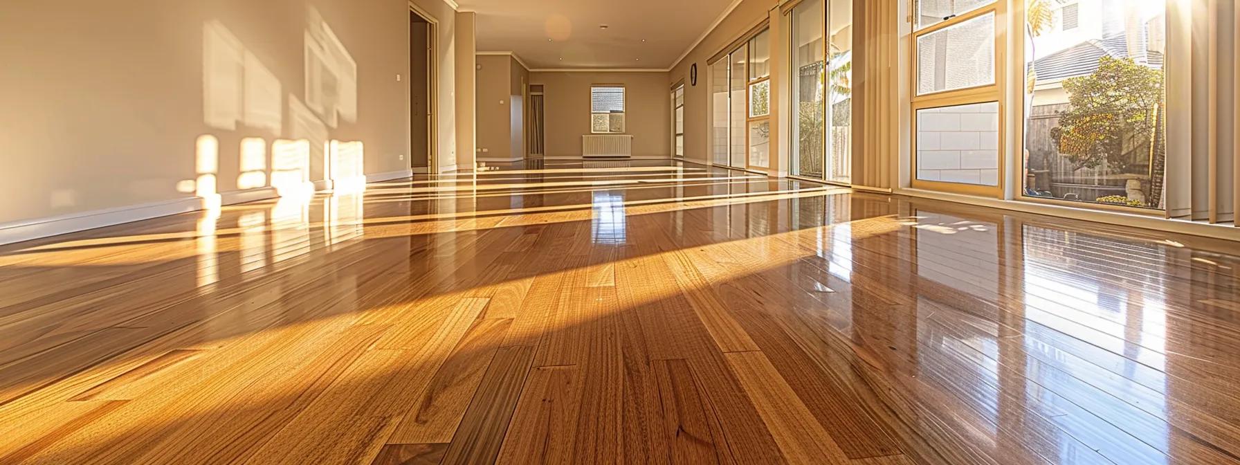 a pristine, sunlit living room in a modern apartment in perth, showcasing gleaming floors and immaculate surfaces, symbolizing the essence of affordable yet high-quality bond cleaning services.