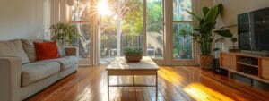 a pristine, sunlit living room in sydney showcases gleaming floors and sparkling windows, illustrating the transformative impact of professional bond cleaning services.