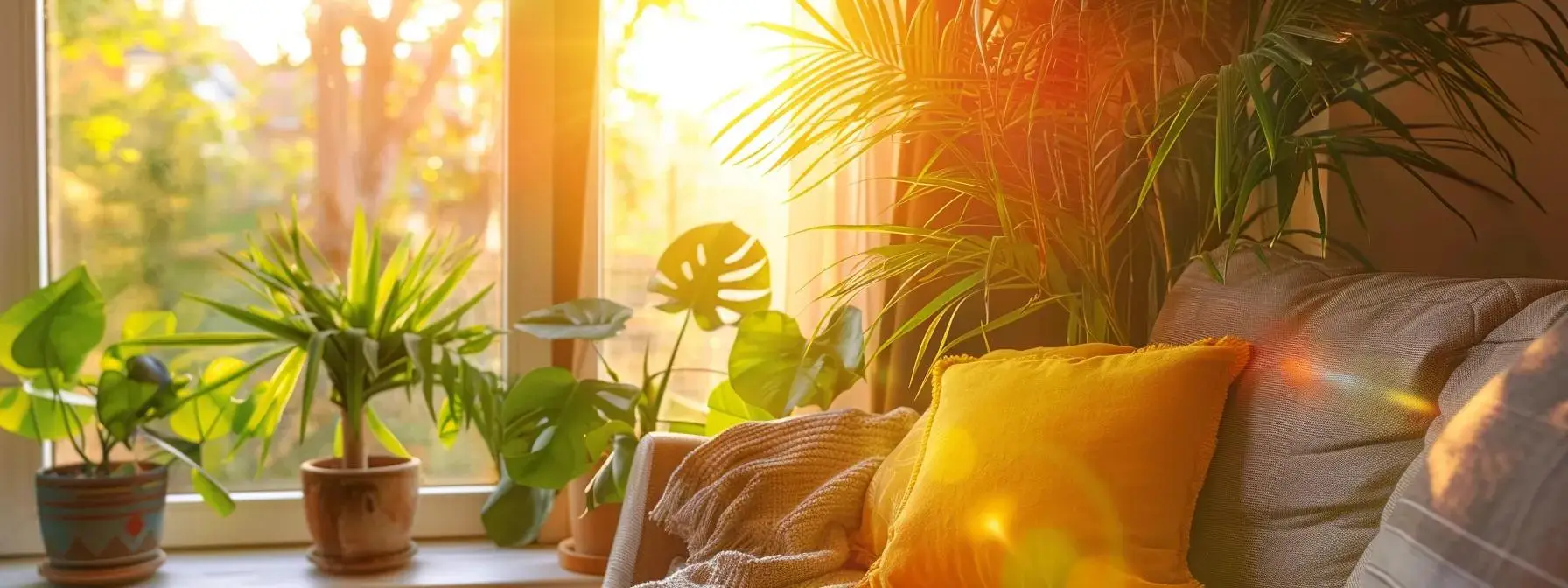 a pristine, sunlit living room filled with vibrant plants and stylish furniture, showcasing the transformative impact of professional bond cleaning services.