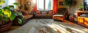 a vibrant and inviting living room showcases a stunningly clean, plush carpet, accented by sunlight streaming through the window, highlighting the rich textures of various carpet types.