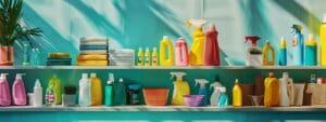 a vibrant, meticulously arranged display of essential cleaning supplies gleams under soft, natural light, highlighting a focus on effective perth bond cleaning tools and products.