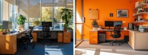 a vibrant side-by-side comparison of a local bond cleaner's cozy, well-organized workspace and a sleek, corporate national franchise office, highlighting the contrast between community-focused service and corporate efficiency in perth, under bright, natural lighting.