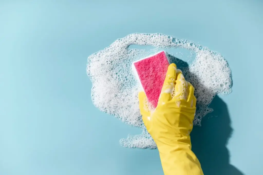 toilet cleaning as part of bond cleaning Perth Local suburb cleaning light blue wall with soapy pink scourer. a hand with yellow gloves