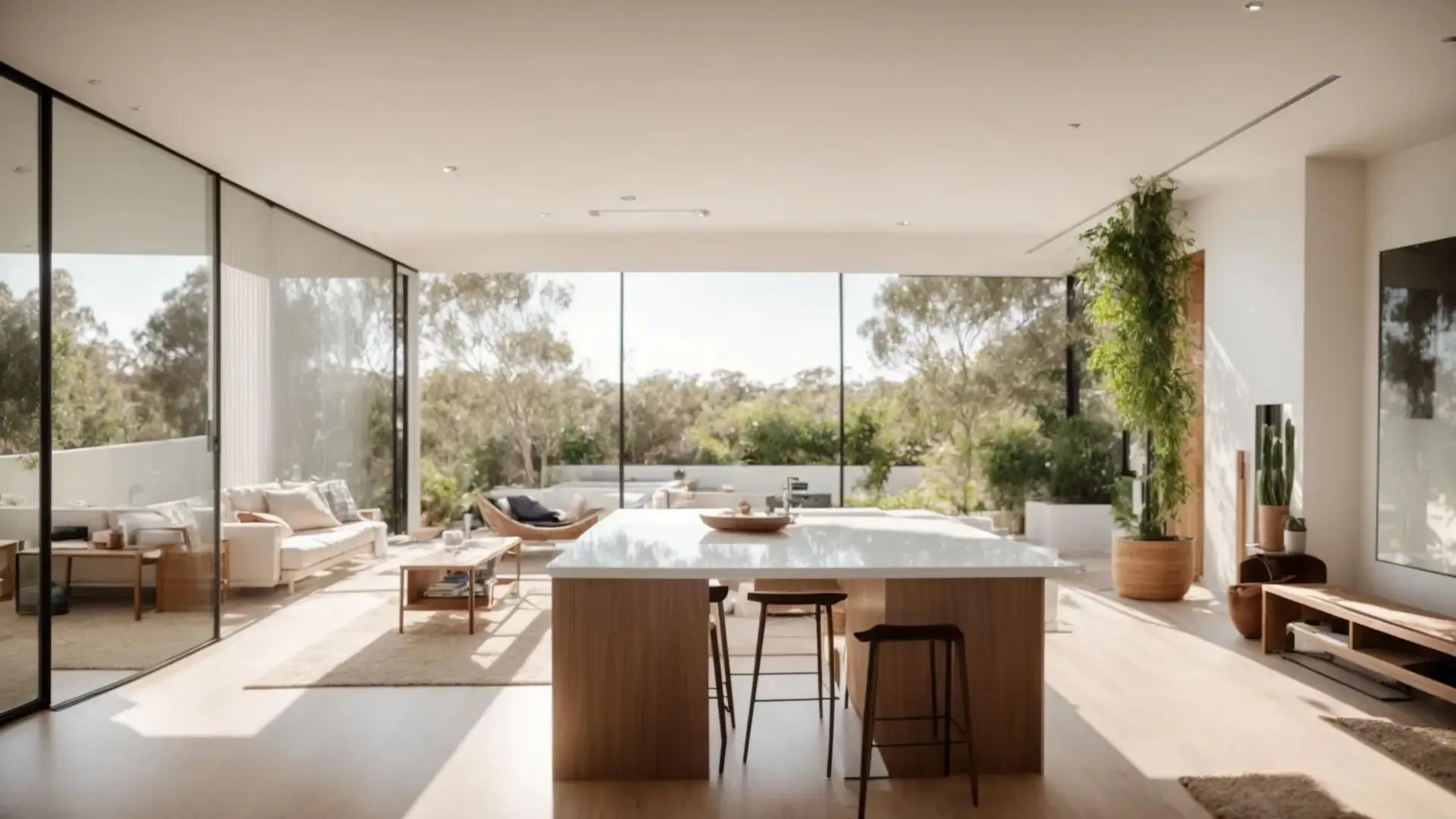 a serene view of a pristine, well-organized living space in perth, bathed in soft morning light, showcasing the results of professional moving cleaners efficiently transforming the area into a fresh, welcoming home.