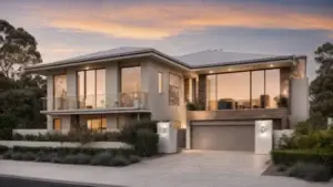 a serene and pristine perth home, glistening under the golden sunset, showcases sparkling clean windows and a freshly polished floor, highlighting the transformation achieved through expert bond cleaning services.