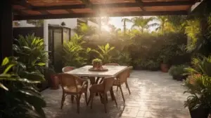 a sun-drenched patio, glistening with freshly cleaned tiles, surrounded by vibrant potted plants, evokes a serene and inviting outdoor space ready for relaxation.