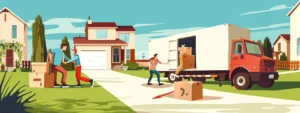 image for a moving and relocation guide article featuring a sunny suburban scene where a diverse family and professional movers are busy loading a modern moving truck with neatly organized, labeled cardboard boxes and wrapped furniture. In the background, a freshly painted house with a manicured lawn and clear blue sky sets a tone of optimism and new beginnings, visually representing careful planning and a smooth transition to a new home."