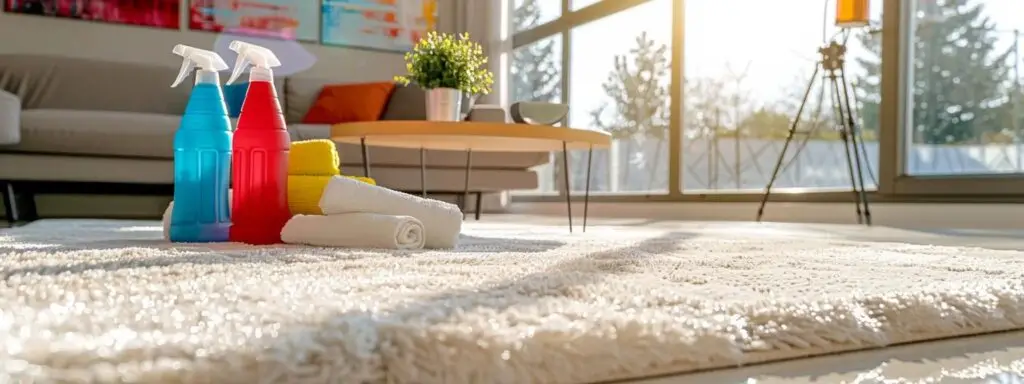 White carpet with visible stains undergoing cleaning process with spray and cloth.