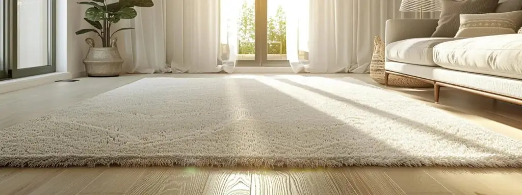 White carpet with visible stains and cleaning supplies for maintenance and protection.
