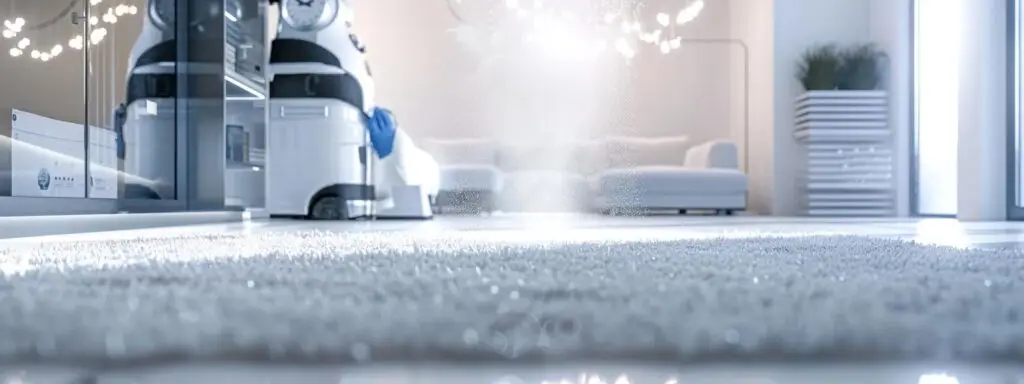 White carpet cleaning process with machine, vacuuming, and post-care strategies illustrated.